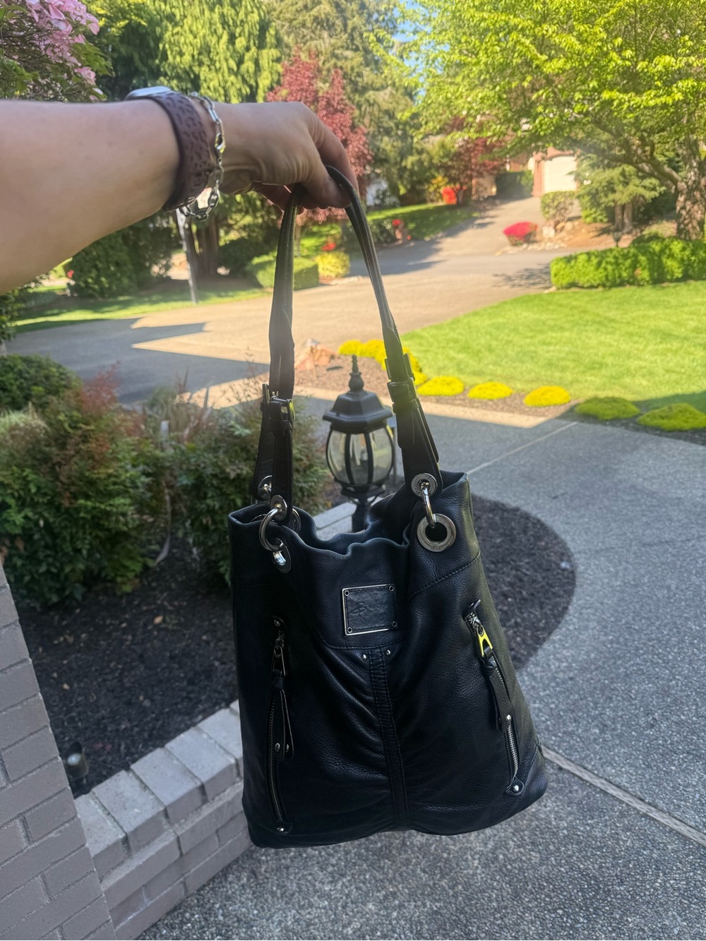 Bmakowski Black Leather Purse with Front Zip Pockets and gold hardware